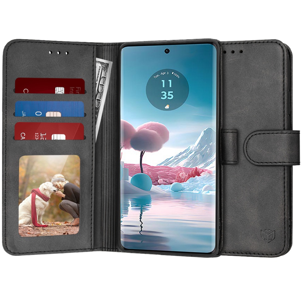 Husa pentru Motorola Edge 40 Neo, SKYDDAR INNOVATION, Diary Book, tip carte, cu Portofel Interior, Antisoc, Negru, set cu sticker