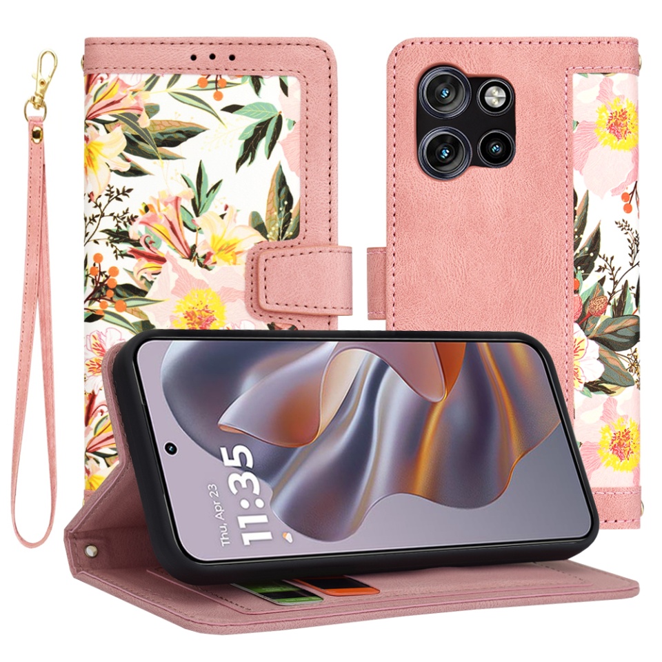 Husa pentru Motorola Edge 50 Neo din Piele Ecologică cu Design Floral, Protecție 360°, Stand Integrat, Buzunare pentru Carduri, SKDR Floral Wallet - Roz