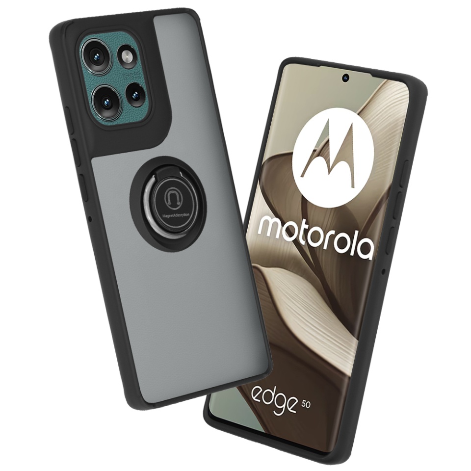 Husa pentru Motorola Edge 50, SKYDDAR INNOVATION, Glinth cu Inel Rotativ 360° Magnetic, Negru, set cu sticker