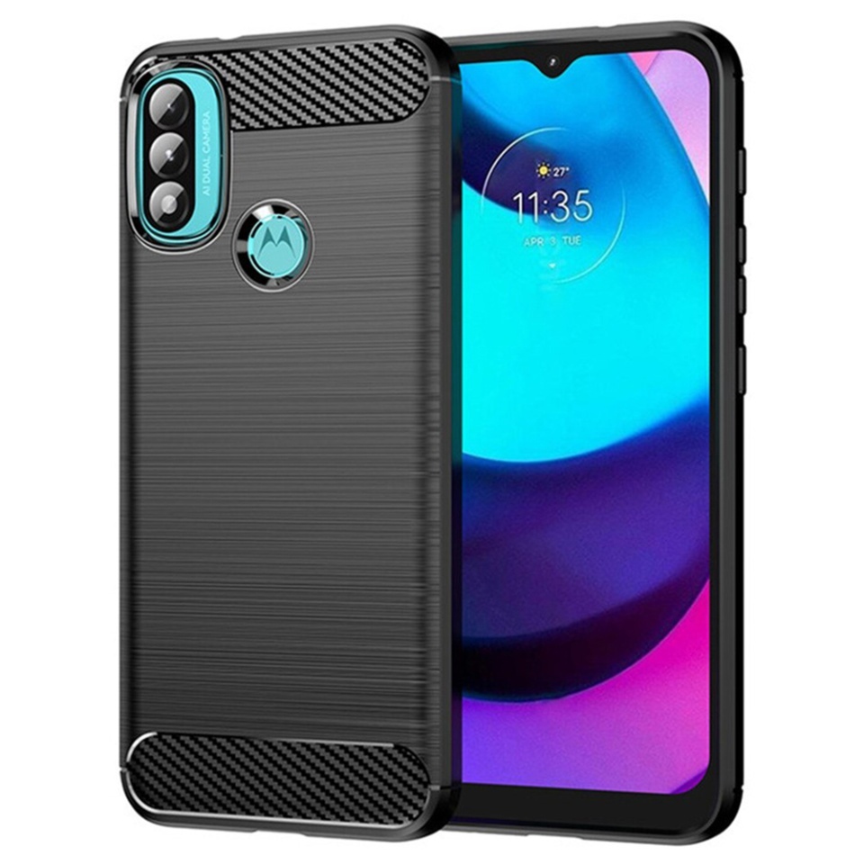 Husa pentru Motorola Moto E20 / Moto E40 / Moto E30, SKYDDAR INNOVATION, Carbon Silicone, din Silicon Slim, cu textura Fibra Carbon, set cu sticker, Negru