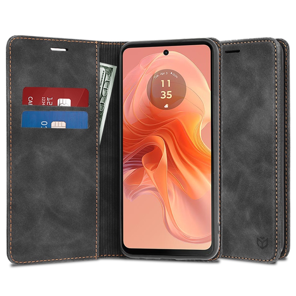 Husa pentru Motorola Moto G04 / Moto G24 / Moto G04s / Moto E14, SKYDDAR INNOVATION, Soft Wallet, tip Carte din piele Eco Premium, cu Portofel Interior, Negru, set cu sticker