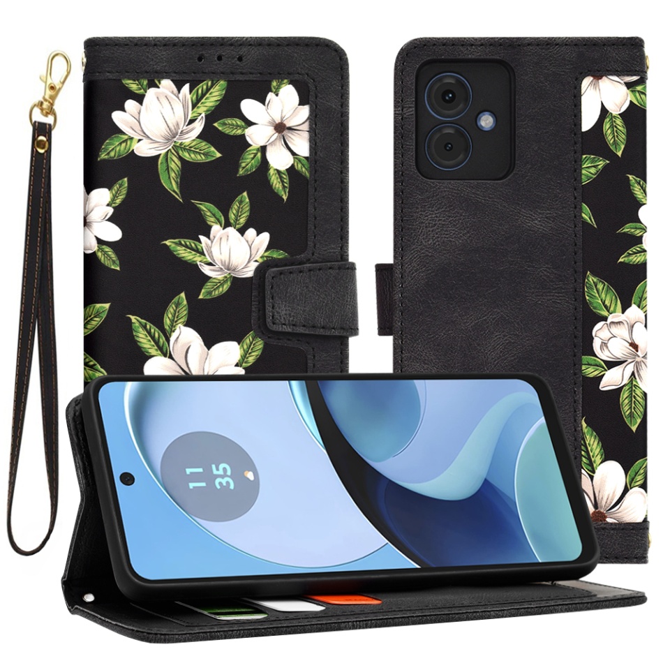Husa pentru Motorola Moto G14 din Piele Ecologică cu Design Floral, Protecție 360°, Stand Integrat, Buzunare pentru Carduri, SKDR Floral Wallet - Negru
