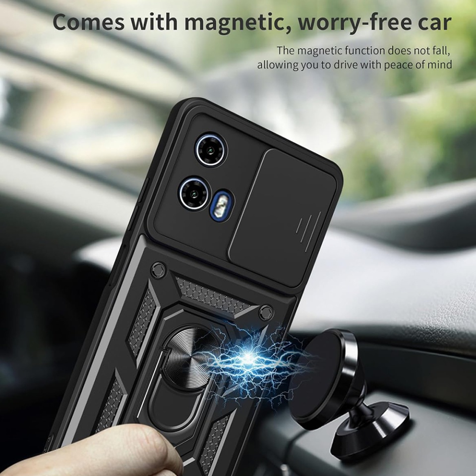 Husa pentru Motorola Moto G15 / Moto G15 Power, SKYDDAR INNOVATION, CamShield, Inel magnetic, set cu sticker, Negru - 1 | YEO