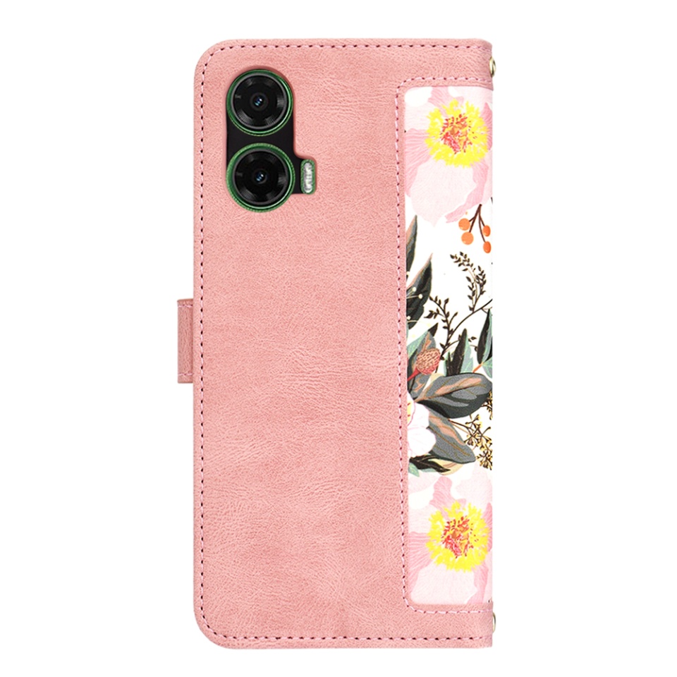 Husa pentru Motorola Moto G35 din Piele Ecologică cu Design Floral, Protecție 360°, Stand Integrat, Buzunare pentru Carduri, SKDR Floral Wallet - Roz - 2 | YEO