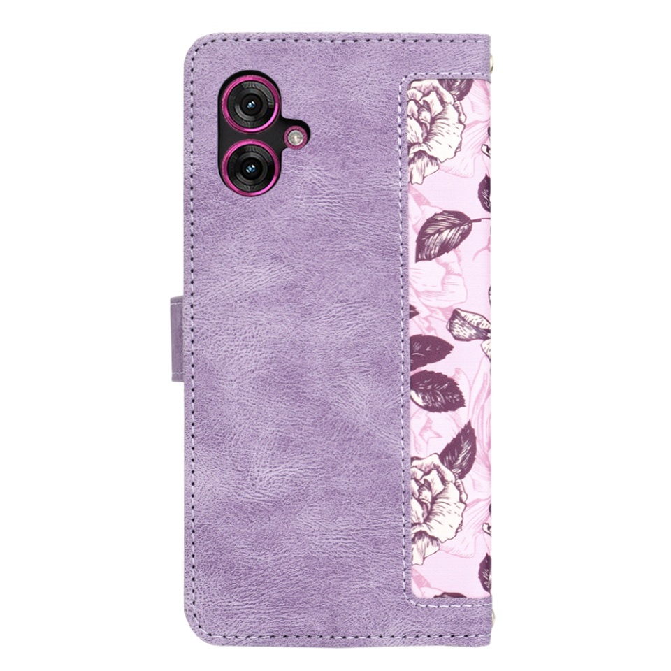 Husa pentru Motorola Moto G55 din Piele Ecologică cu Design Floral, Protecție 360°, Stand Integrat, Buzunare pentru Carduri, SKDR Floral Wallet - Mov - 2 | YEO