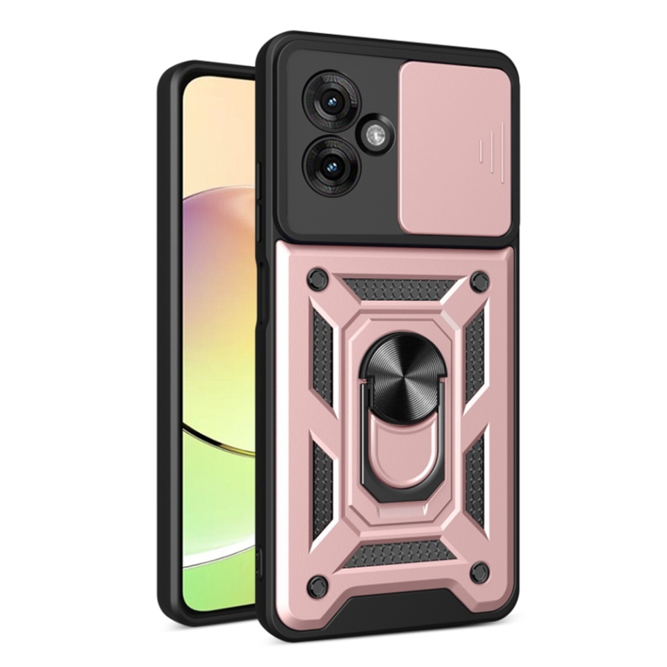 Husa pentru Motorola Moto G55, SKYDDAR INNOVATION, CamShield, Inel magnetic, set cu sticker, Roz