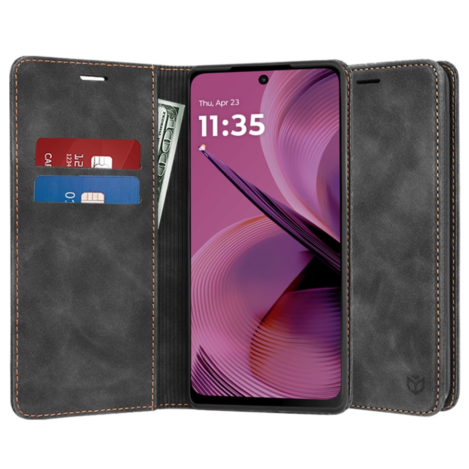 Husa pentru Motorola Moto G55, SKYDDAR INNOVATION, Soft Wallet, tip Carte din piele Eco Premium, cu Portofel Interior, Negru, set cu sticker