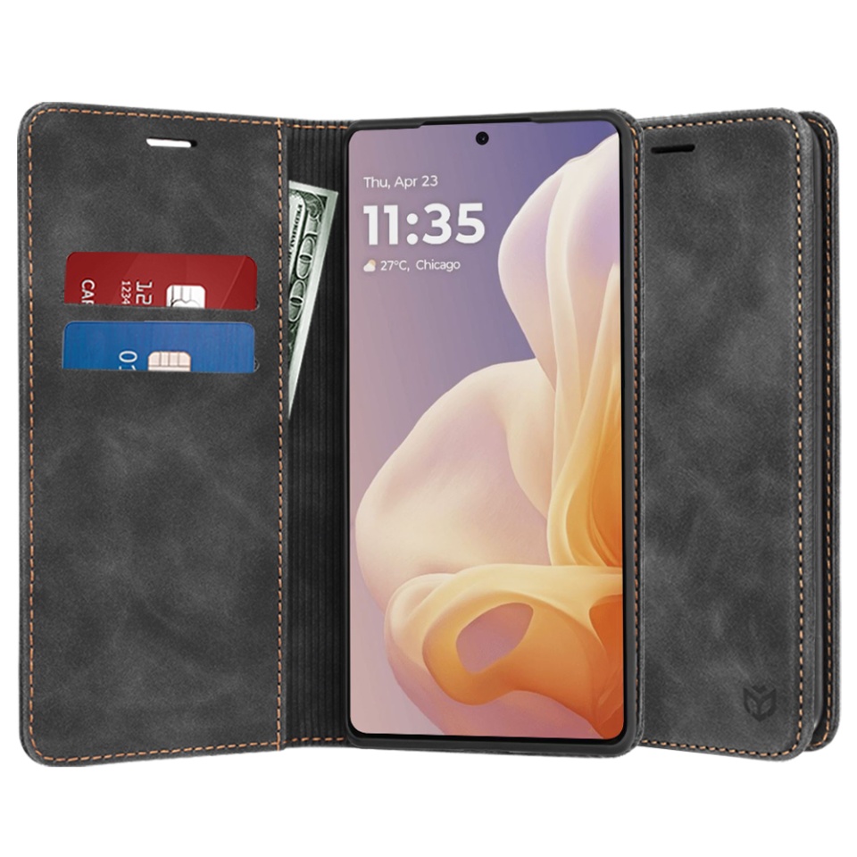 Husa pentru Motorola Moto G85, SKYDDAR INNOVATION, Soft Wallet, tip Carte din piele Eco Premium, cu Portofel Interior, Negru, set cu sticker