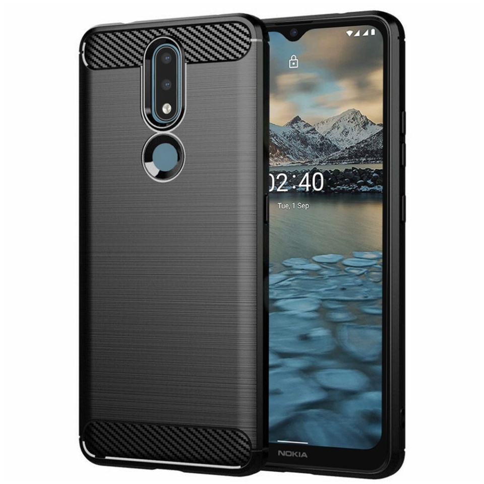 Husa pentru Nokia 2.4, SKYDDAR INNOVATION, Carbon Silicone, din Silicon Slim, cu textura Fibra Carbon, set cu sticker, Negru