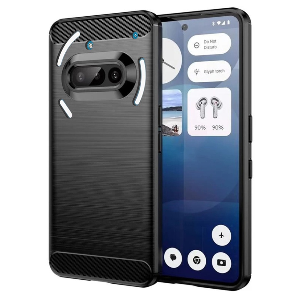 Husa pentru Nothing Phone (3a), SKYDDAR INNOVATION, Carbon Silicone, din Silicon Premium, Slim, cu textura Fibra Carbon, Negru, set cu sticker