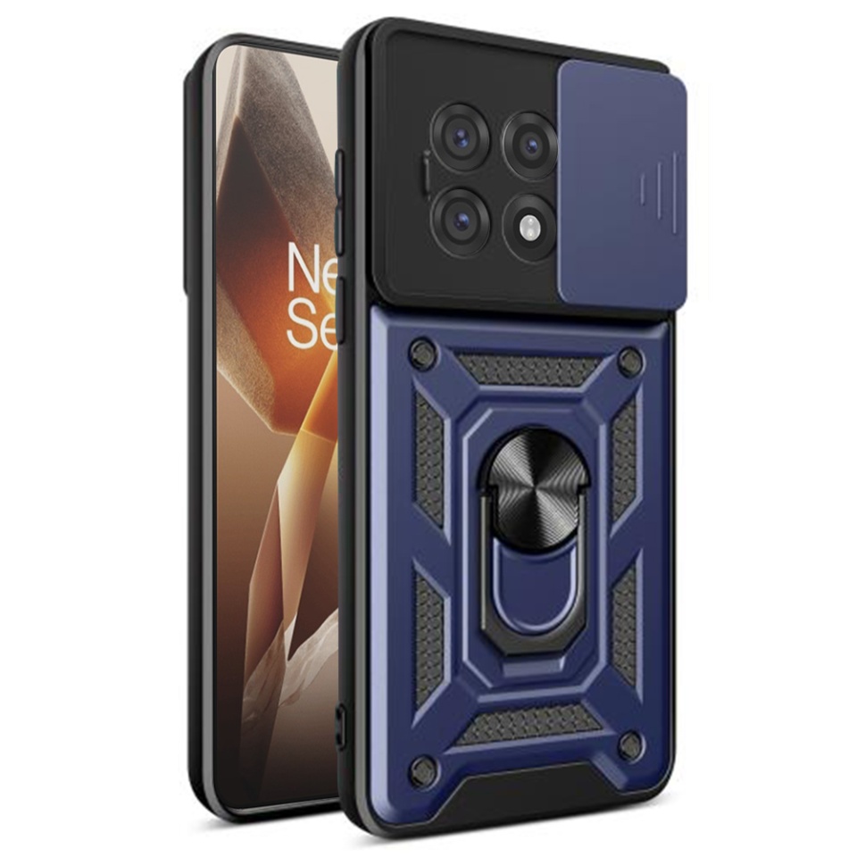 Husa pentru OnePlus 13R cu inel magnetic si protectie camera CamShield cu sticker - Albastru
