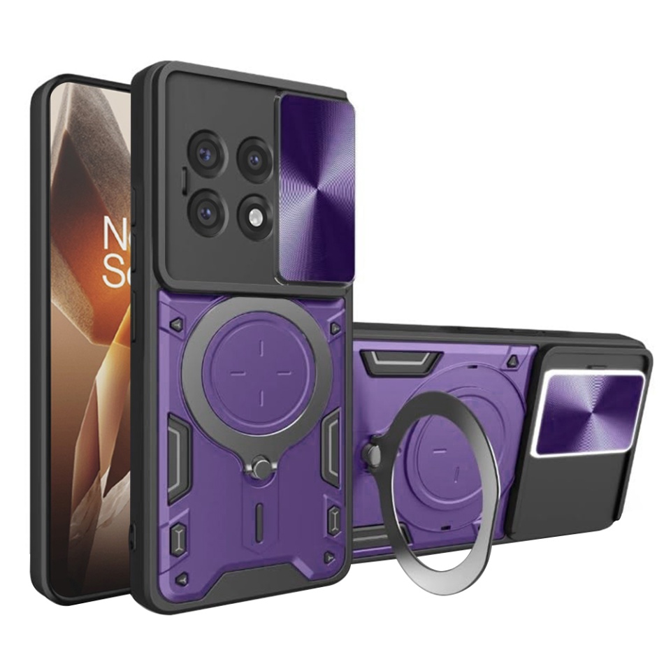 Husa pentru OnePlus 13R, cu inel magnetic si suport ajustabil, protectie completa camera, SafeCover cu sticker - Mov