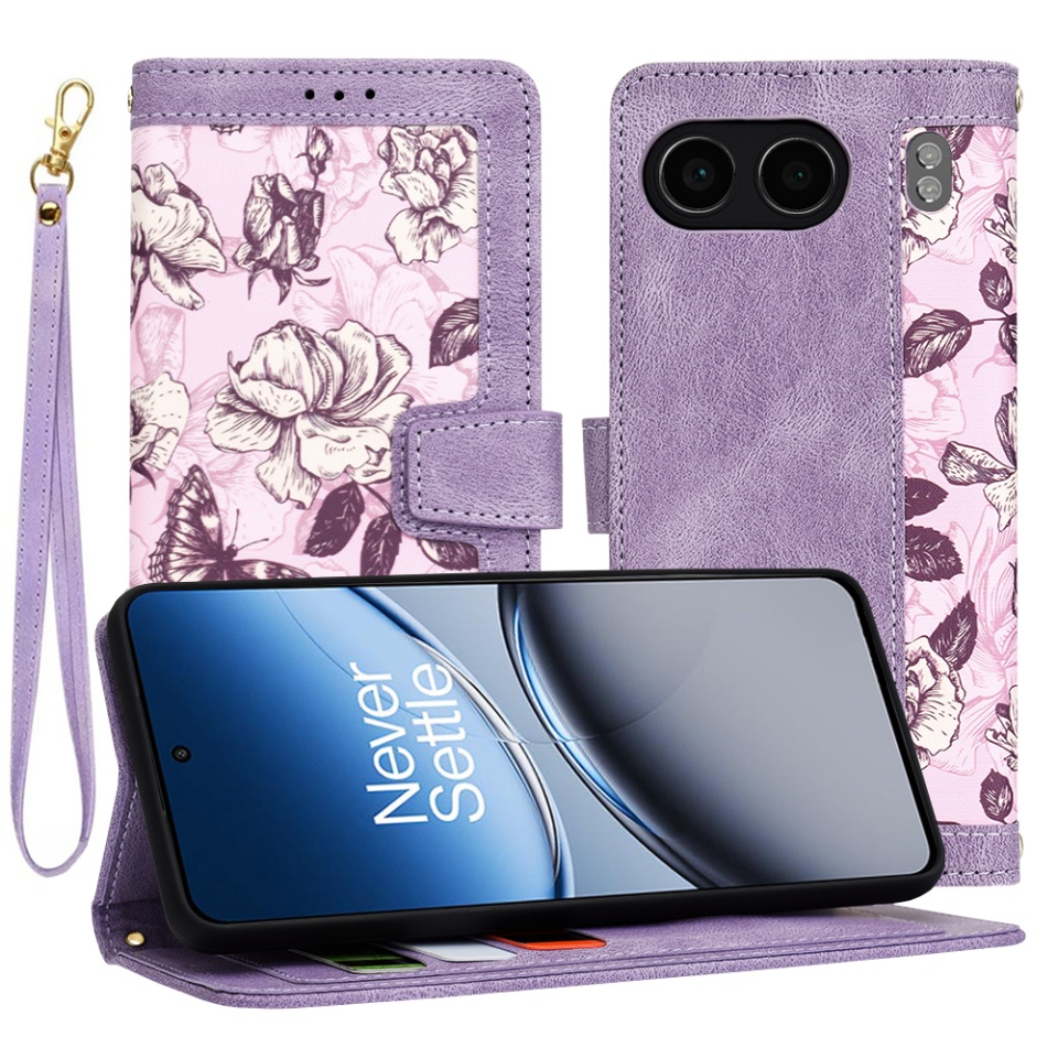 Husa pentru OnePlus Nord 4 din Piele Ecologică cu Design Floral, Protecție 360°, Stand Integrat, Buzunare pentru Carduri, SKDR Floral Wallet - Mov