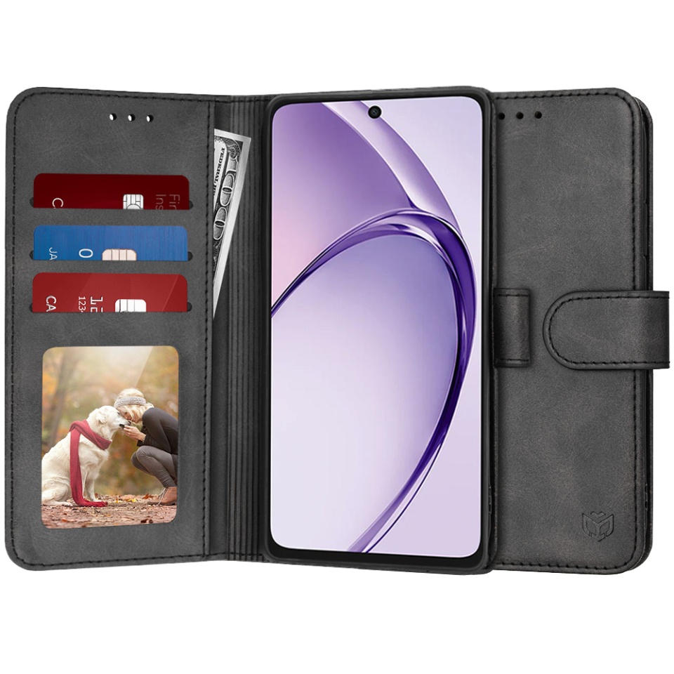 Husa pentru Oppo A40 4G / A60 5G, SKYDDAR INNOVATION, Diary Book, tip carte, cu Portofel Interior, Antisoc, Negru, set cu sticker