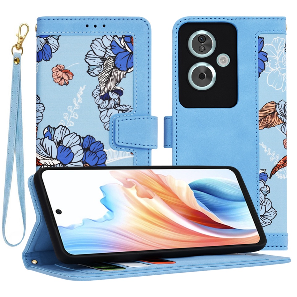 Husa pentru Oppo A79 5G / OnePlus Nord N30 SE din Piele Ecologică cu Design Floral, Protecție 360°, Stand Integrat, Buzunare pentru Carduri, SKDR Floral Wallet - Bleu