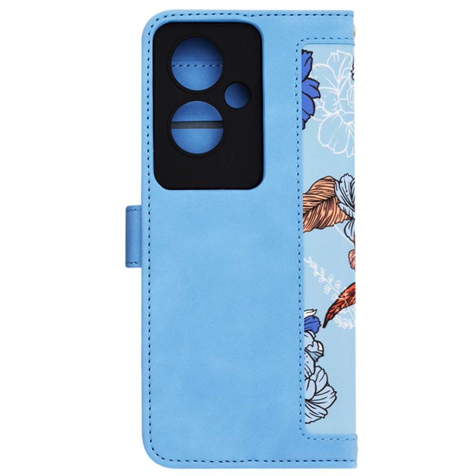 Husa pentru Oppo A79 5G / OnePlus Nord N30 SE din Piele Ecologică cu Design Floral, Protecție 360°, Stand Integrat, Buzunare pentru Carduri, SKDR Floral Wallet - Bleu - 3 | YEO
