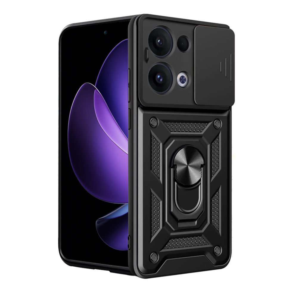 Husa pentru Oppo Reno13 cu inel magnetic si protectie camera CamShield cu sticker - Negru