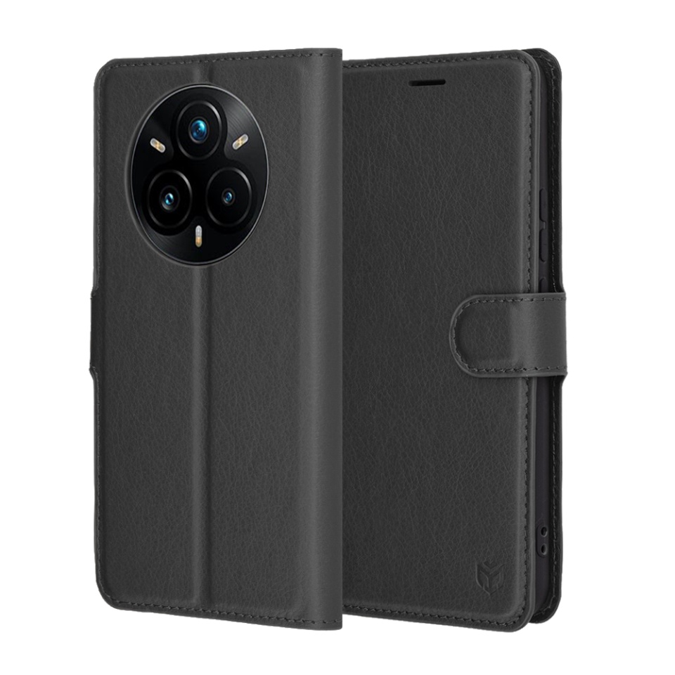 Husa pentru Realme 14 Pro+, SKYDDAR INNOVATION, Leather Wallet, tip Carte cu Portofel Interior, Finisaje Premium, set cu sticker, Negru