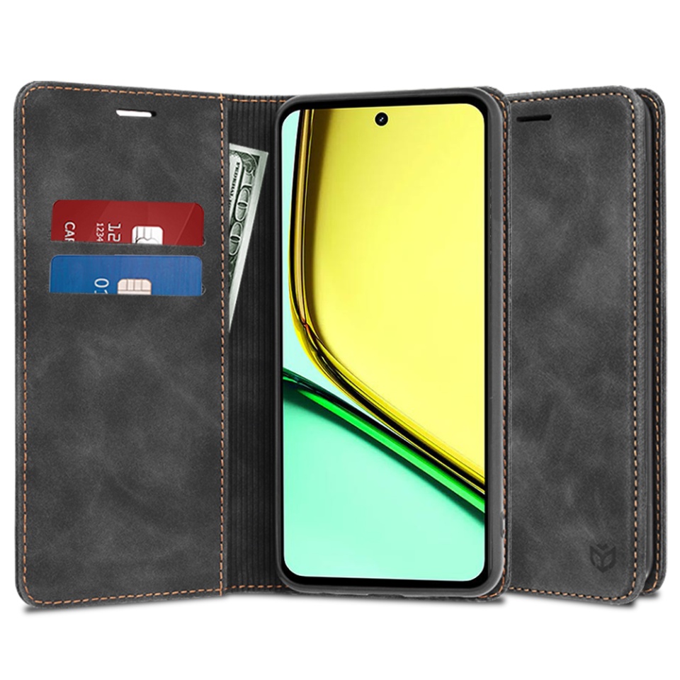 Husa pentru Realme C67 4G, SKYDDAR INNOVATION, Soft Wallet, tip Carte din piele Eco Premium, cu Portofel Interior, Negru, set cu sticker