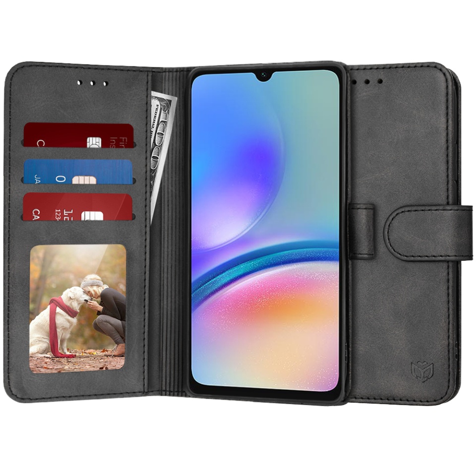 Husa pentru Samsung Galaxy A05s, SKYDDAR INNOVATION, Diary Book, tip carte, cu Portofel Interior, Antisoc, Negru, set cu sticker