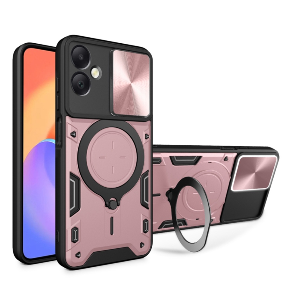 Husa pentru Samsung Galaxy A06, cu inel magnetic si suport ajustabil, protectie completa camera, SKDR SafeCover - Roz auriu