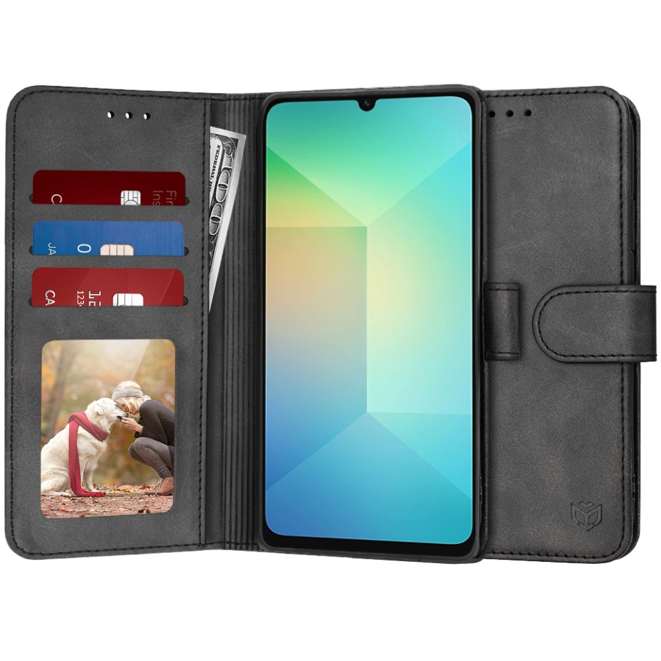 Husa pentru Samsung Galaxy A06, SKYDDAR INNOVATION, Diary Book, tip carte, cu Portofel Interior, Antisoc, Negru, set cu sticker