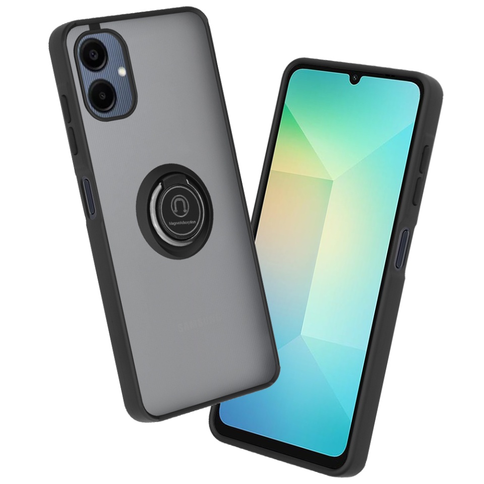 Husa pentru Samsung Galaxy A06, SKYDDAR INNOVATION, Glinth cu Inel Rotativ 360° Magnetic, Negru, set cu sticker