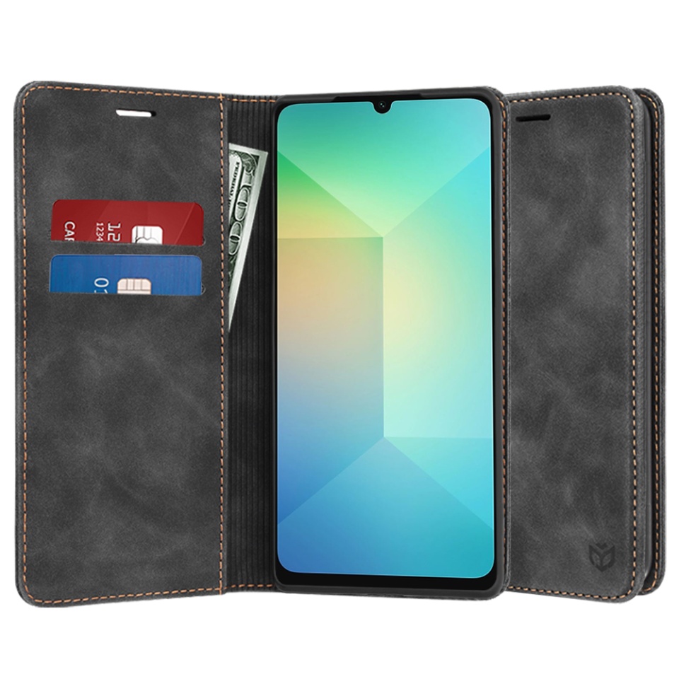 Husa pentru Samsung Galaxy A06, SKYDDAR INNOVATION, Soft Wallet, tip Carte din piele Eco Premium, cu Portofel Interior, Negru, set cu sticker