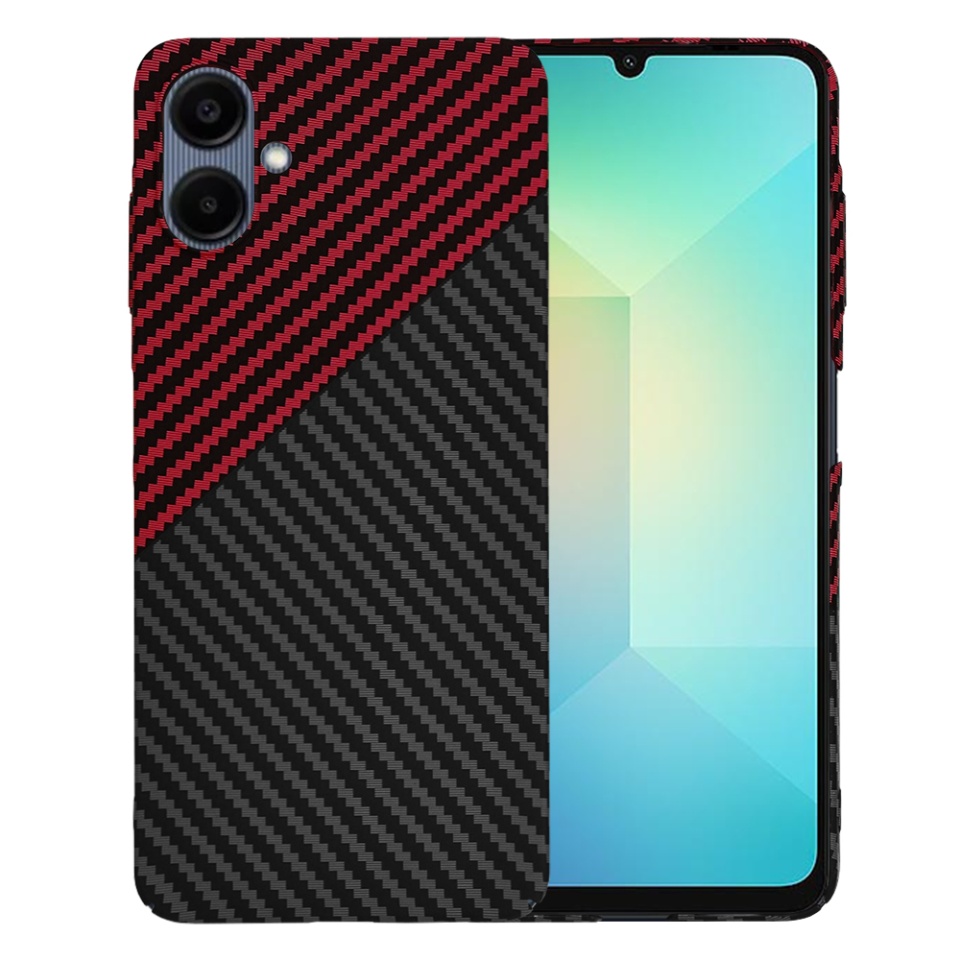 Husa pentru Samsung Galaxy A06, SKYDDAR INNOVATION, textura carbon, Carbonite FiberShell, Rosu inchis, set cu sticker