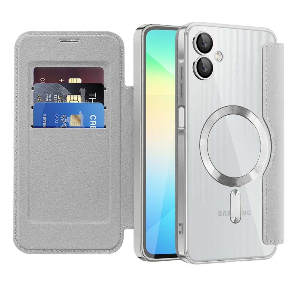 Husa pentru Samsung Galaxy A06 tip carte, SKYDDAR INOVATION, SmartMag Book, Magsafe, RFiD, Suport Carduri, set cu sticker, Gri