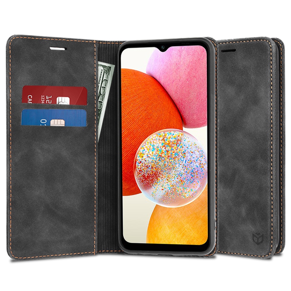 Husa pentru Samsung Galaxy A14 5G / Galaxy A14 4G, SKYDDAR INNOVATION, Soft Wallet, tip Carte din piele Eco Premium, cu Portofel Interior, Negru, set cu sticker
