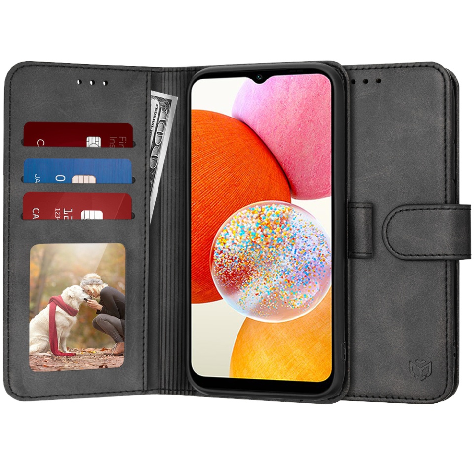 Husa pentru Samsung Galaxy A14 5G / Galaxy A14 4G, SKYDDAR INNOVATION, Diary Book, tip carte, cu Portofel Interior, Antisoc, Negru, set cu sticker