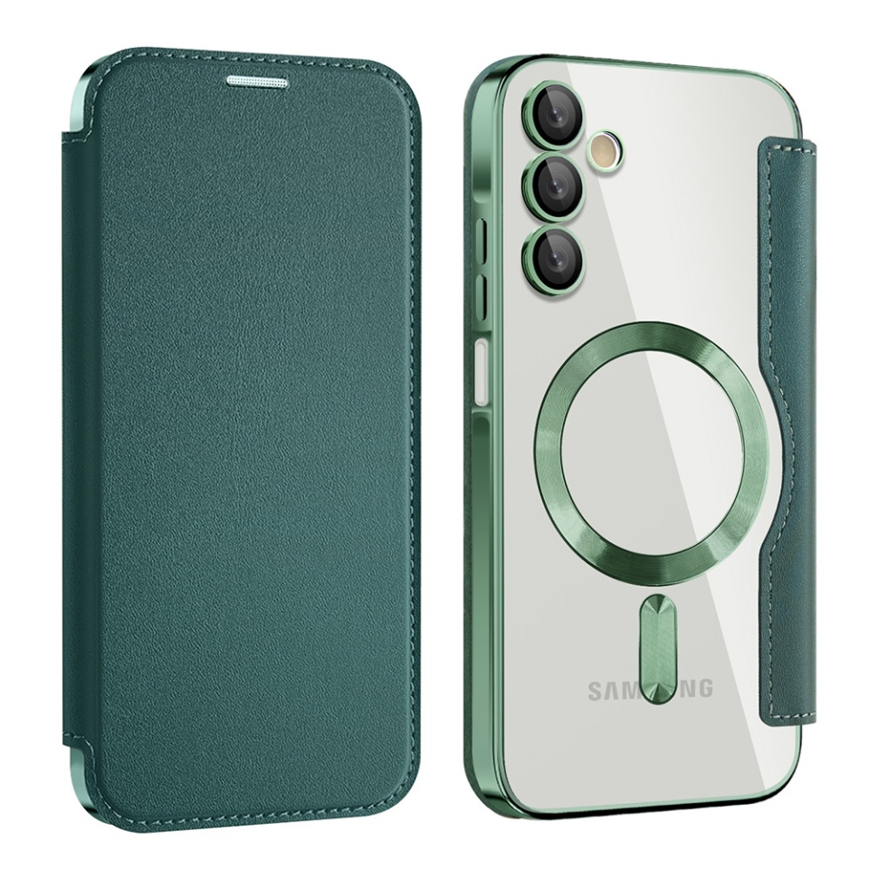 Husa pentru Samsung Galaxy A15 4G / Galaxy A15 5G tip carte, SKYDDAR INOVATION, SmartMag Book, Magsafe, RFiD, Suport Carduri, set cu sticker, Verde - 1 | YEO