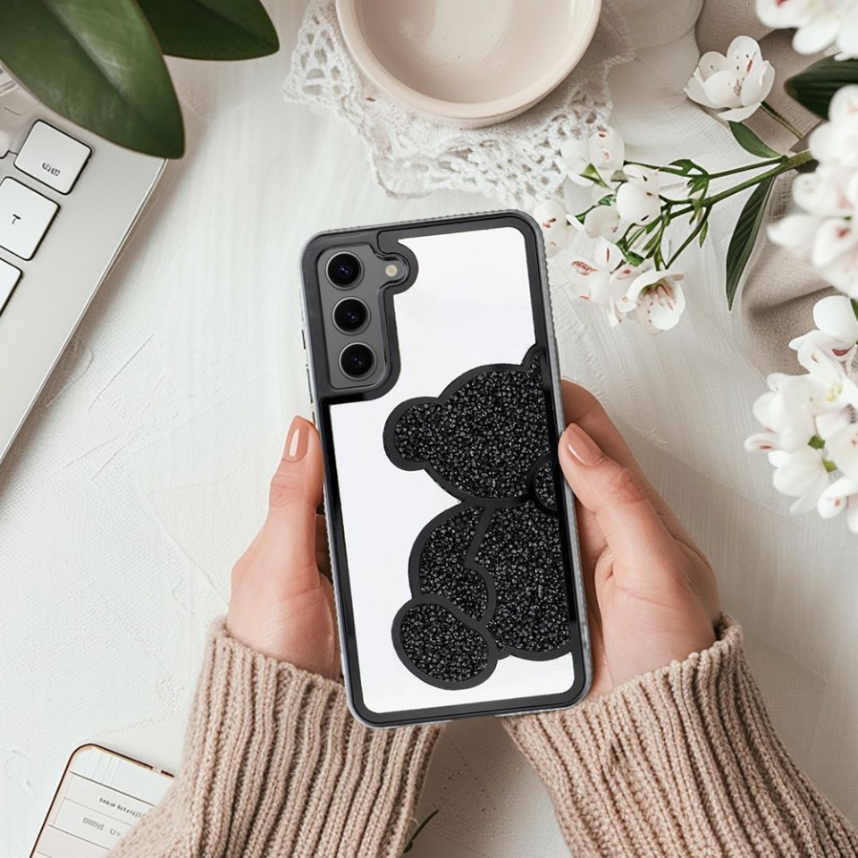 Husa pentru Samsung Galaxy A16 5G, SKYDDAR INNOVATION, TEDDY BEAR, din Silicon cu Sclipici, Protectie Completa, Negru, set cu sticker - 2 | YEO