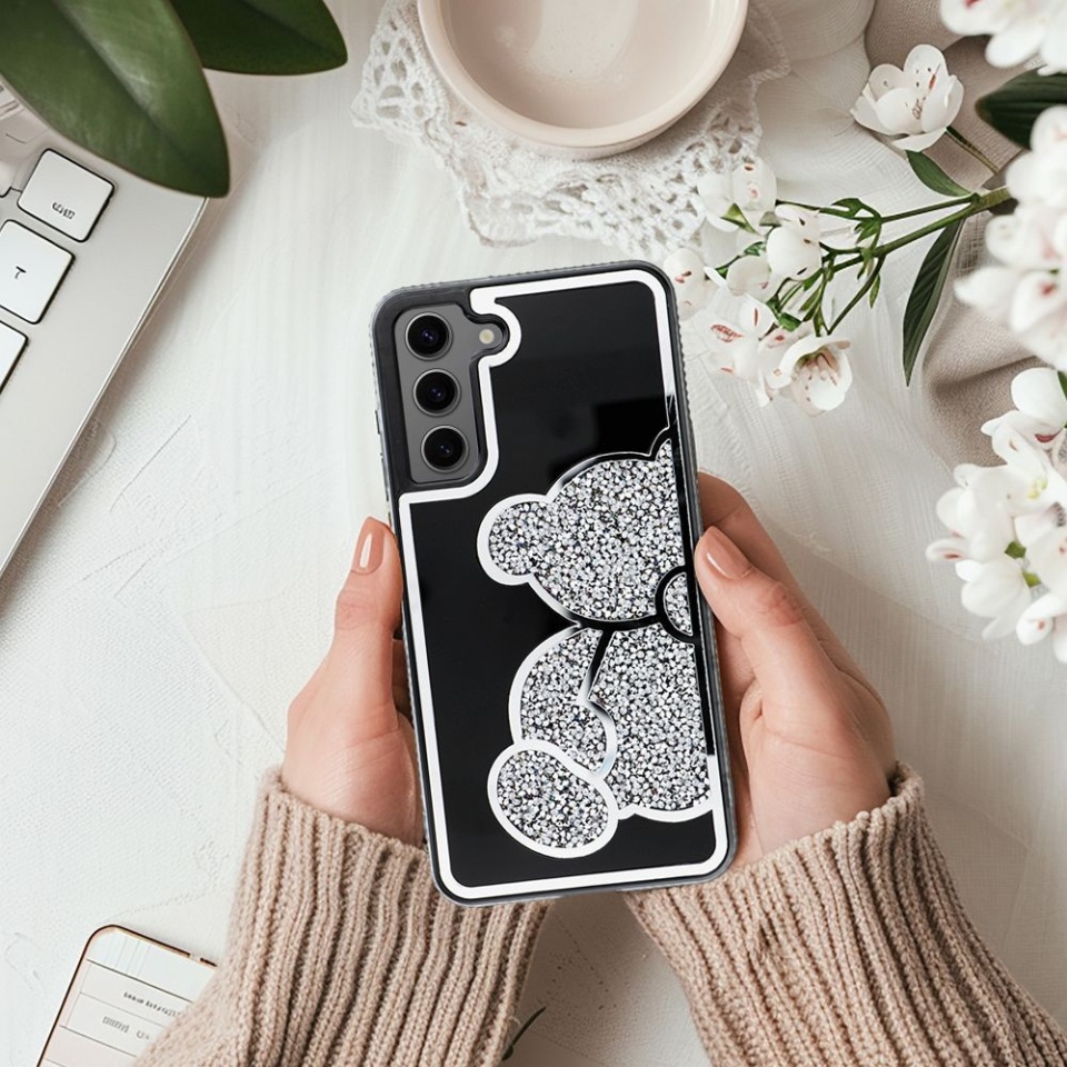 Husa pentru Samsung Galaxy A16 5G, SKYDDAR INNOVATION, TEDDY BEAR, din Silicon cu Sclipici, Protectie Completa, Argintiu, set cu sticker - 2 | YEO