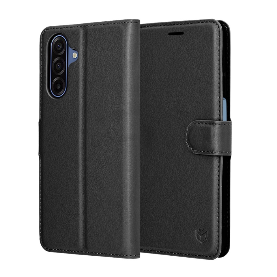 Husa pentru Samsung Galaxy A17 5G, SKYDDAR INNOVATION, Leather Folio tip Carte, cu Portofel Interior, Finisaje Premium, set cu sticker, Negru
