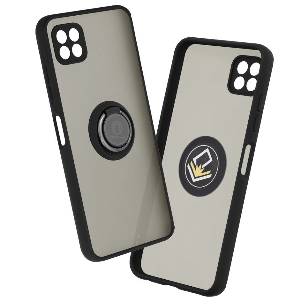 Husa pentru Samsung Galaxy A22 5G, SKYDDAR INNOVATION, Glinth cu Inel Rotativ 360° Magnetic, Negru, set cu sticker