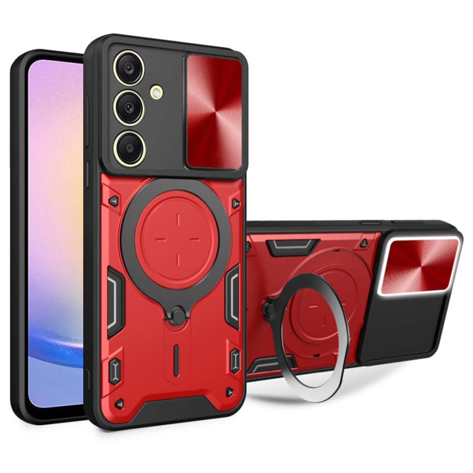 Husa pentru Samsung Galaxy A25 5G, SKYDDAR INNOVATION, CamGuard Pro, Inel Magnetic, Protectie Camera, set cu sticker, Rosu