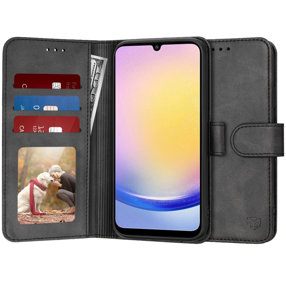 Husa pentru Samsung Galaxy A25 5G, SKYDDAR INNOVATION, Diary Book, tip carte, cu Portofel Interior, Antisoc, Negru, set cu sticker