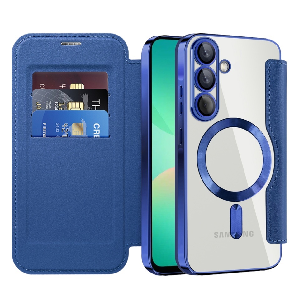 Husa pentru Samsung Galaxy A26 5G tip carte, SKYDDAR INOVATION, SmartMag Book, Magsafe, RFiD, Suport Carduri, set cu sticker, Albastru