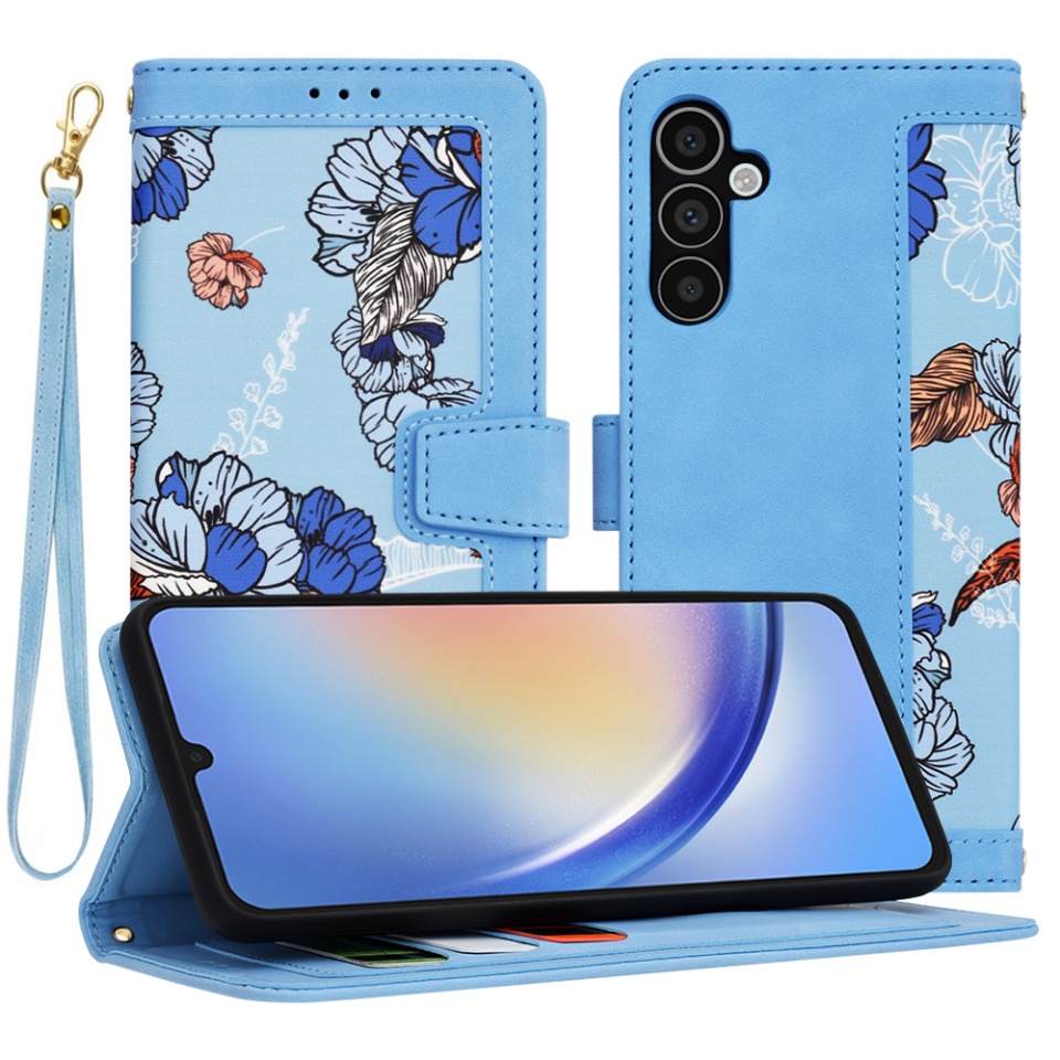 Husa pentru Samsung Galaxy A34 5G din Piele Ecologică cu Design Floral, Protecție 360°, Stand Integrat, Buzunare pentru Carduri, SKDR Floral Wallet - Bleu