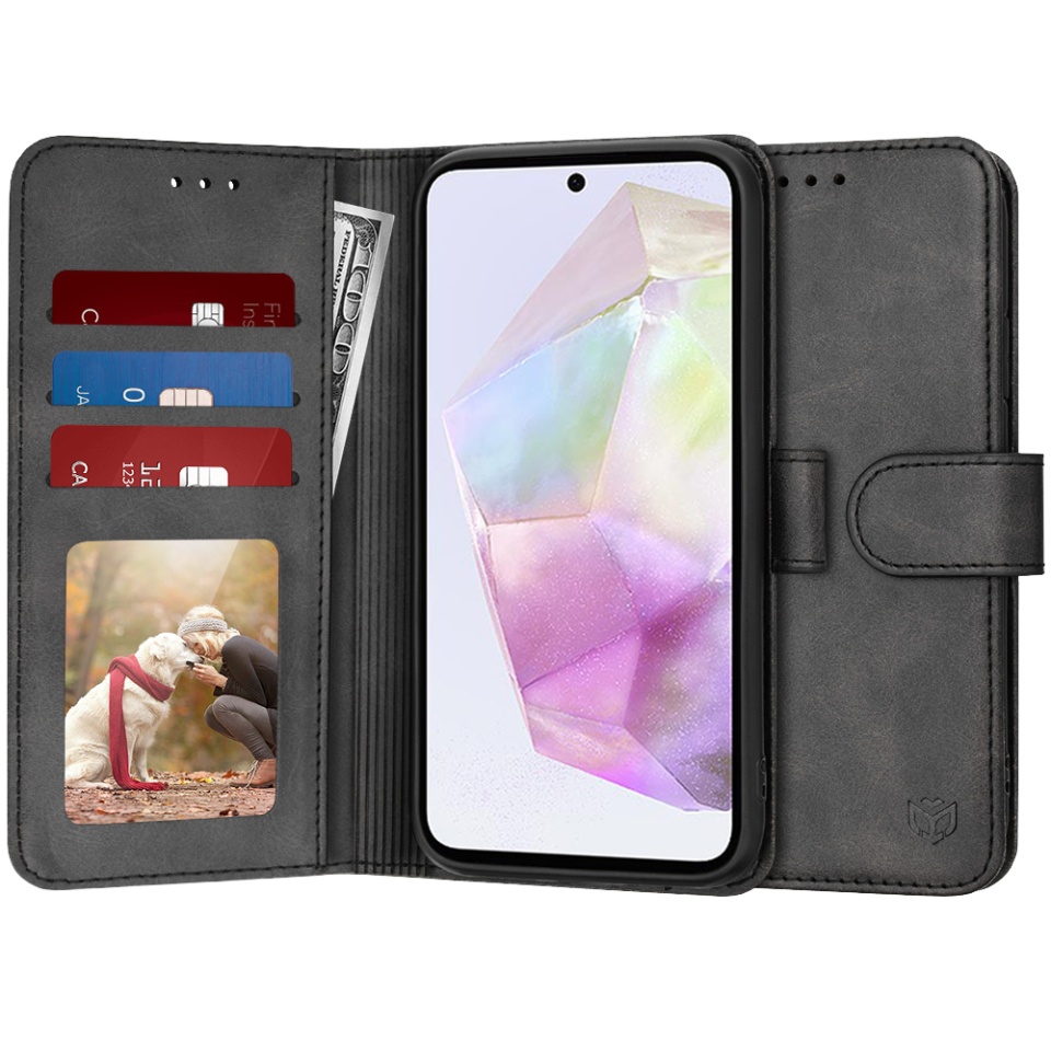 Husa pentru Samsung Galaxy A35 5G, SKYDDAR INNOVATION, Diary Book, tip carte, cu Portofel Interior, Antisoc, Negru, set cu sticker