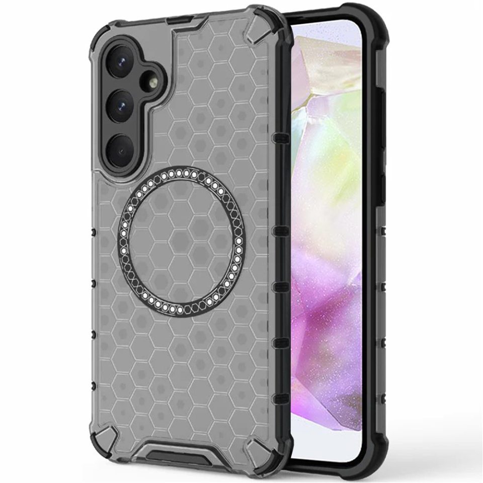 Husa pentru Samsung Galaxy A35 5G, SKYDDAR INNOVATION, HoneyComb Shield MagSafe, Negru, set cu sticker