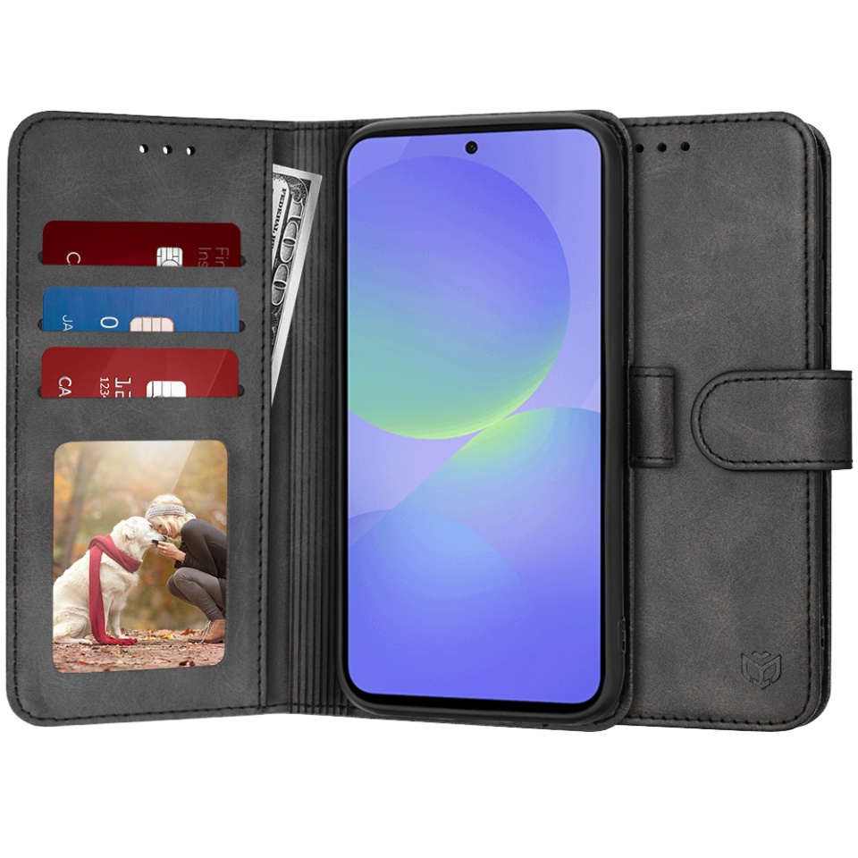 Husa pentru Samsung Galaxy A36 5G, SKYDDAR INNOVATION, Diary Book, tip carte, cu Portofel Interior, Antisoc, Negru, set cu sticker