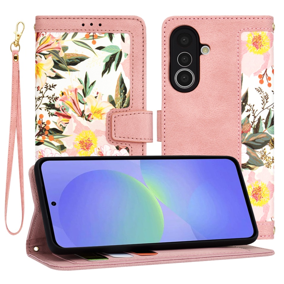 Husa pentru Samsung Galaxy A36 5G, SKYDDAR INNOVATION, Floral Wallet, din Piele Ecologică cu Design Floral, Protecție 360°, Stand Integrat, Buzunare pentru Carduri, Roz, set cu sticker