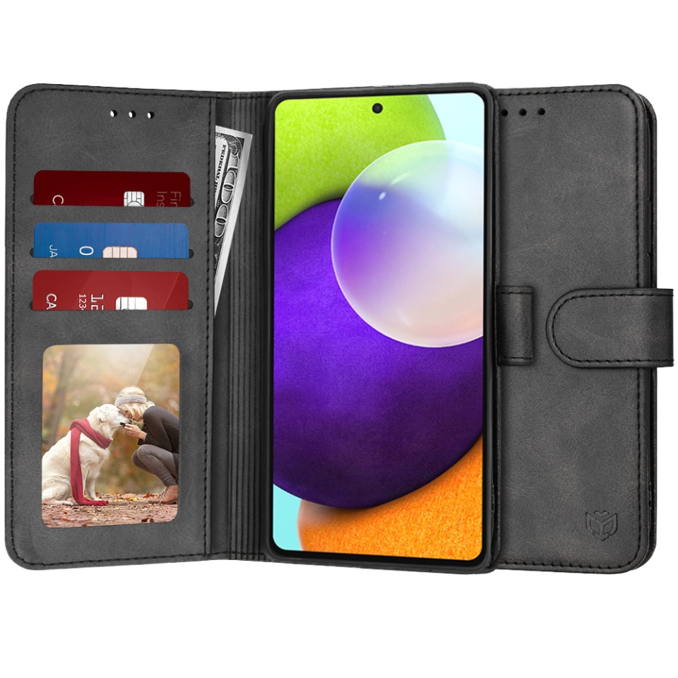 Husa pentru Samsung Galaxy A52 5G / Galaxy A52 4G / Galaxy A52s 5G, SKYDDAR INNOVATION, Diary Book, tip carte, cu Portofel Interior, Antisoc, Negru, set cu sticker