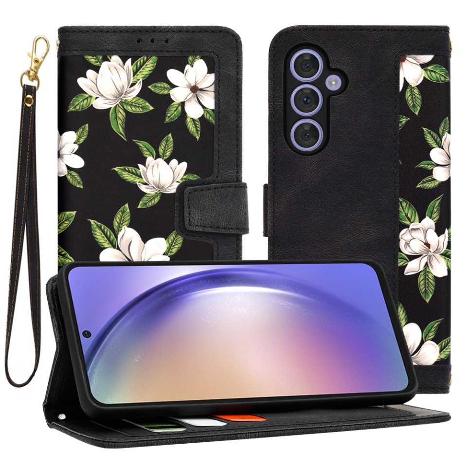 Husa pentru Samsung Galaxy A54 din Piele Ecologică cu Design Floral, Protecție 360°, Stand Integrat, Buzunare pentru Carduri, SKDR Floral Wallet - Negru