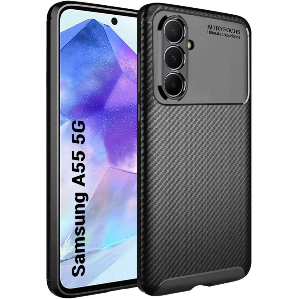 Husa pentru Samsung Galaxy A55 5G, SKYDDAR INNOVATION, CarbonFiber, Antisoc, Negru, set cu sticker