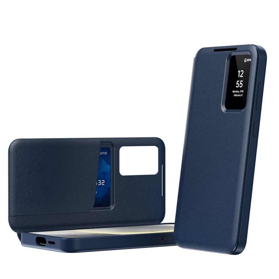 Husa pentru Samsung Galaxy A55 5G tip carte, Skyddar, cu portofel si SmartView, Premium, set cu sticker, Albastru - 1 | YEO
