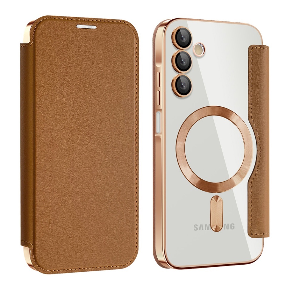 Husa pentru Samsung Galaxy A55 5G tip carte, SKYDDAR INOVATION, SmartMag Book, Magsafe, RFiD, Suport Carduri, set cu sticker, Maro - 1 | YEO